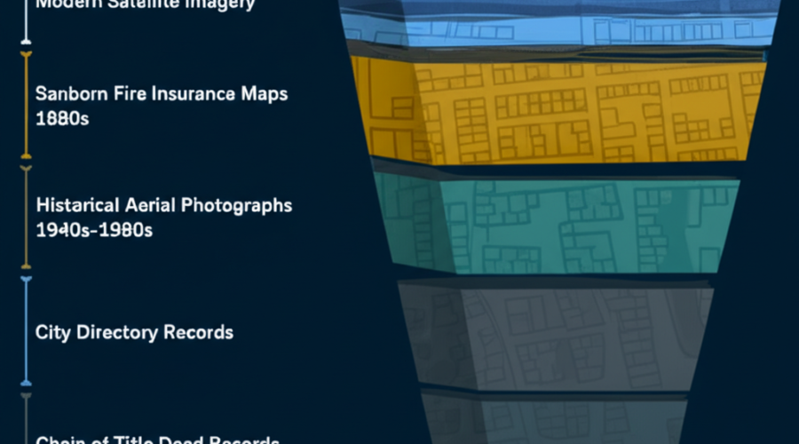 Isometric cross-section diagram showing stacked historical research layers for Phase I ESA — Sanborn maps, aerial photographs, city directories, and deed records on dark navy background