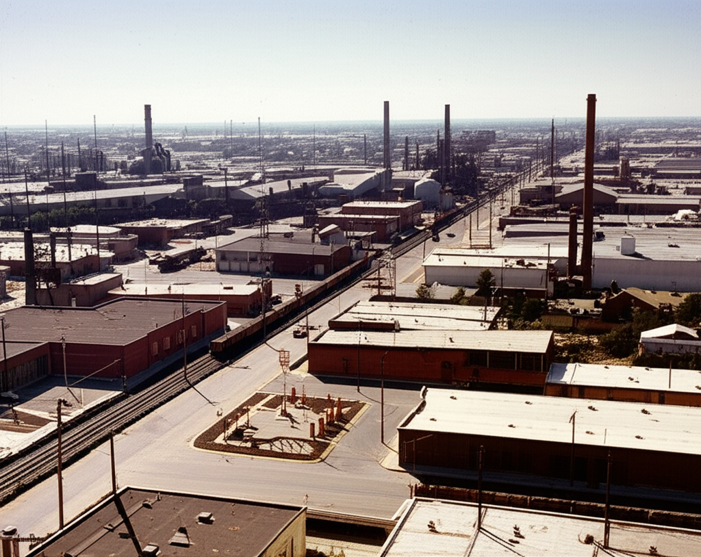 Aerial view of a 1960s-era Dallas-Fort Worth industrial corridor with factories, railroad tracks, and gas stations representing the pre-regulation era that created environmental contamination