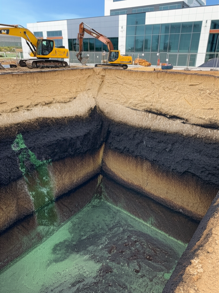 Isometric cross-section diagram showing hidden subsurface contamination from missed historical industrial use, with post-closing liability discovery