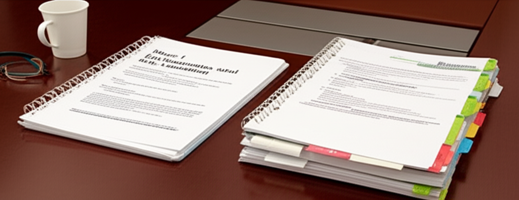Two Phase I Environmental Site Assessment reports side by side on a conference table showing the contrast between a thin inadequate report and a thorough assessment with tabbed appendices