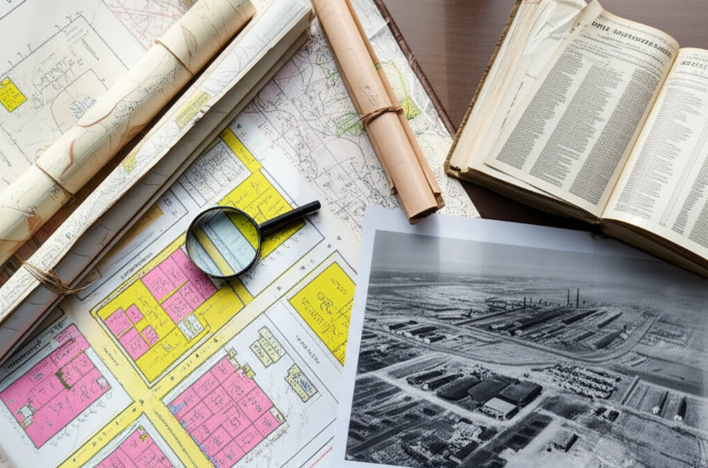Historical environmental research materials on a desk including a Sanborn fire insurance map, black-and-white aerial photograph, city directory, and magnifying glass used in Phase I ESA research
