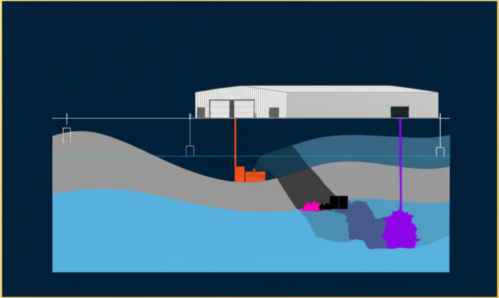Isometric diagram showing the three phases of environmental liability protection for a commercial real estate transaction from pre-close through post-close