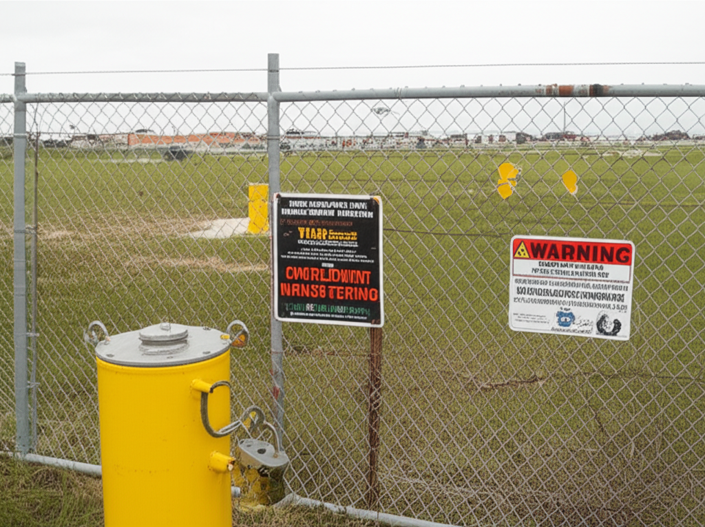 Commercial property with chain-link fence and groundwater monitoring wells indicating ongoing environmental monitoring at a TCEQ-managed contamination site in Texas