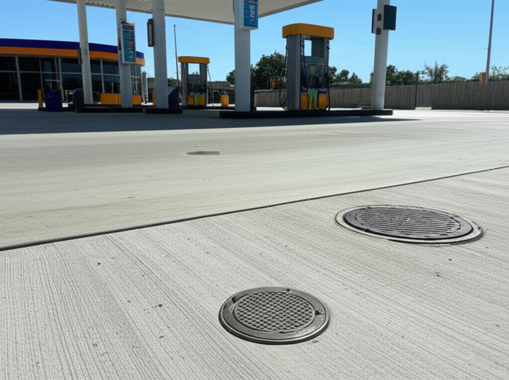 Gas station forecourt showing underground storage tank compliance infrastructure including monitoring well caps and spill containment equipment visible at ground level