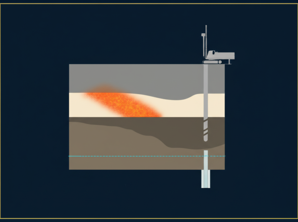 Isometric cross-section diagram showing Phase II ESA investigation components including soil boring locations, vadose zone sampling, water table, monitoring well installation, and subsurface contamination plume characterization