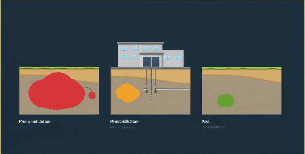 Isometric diagram showing Texas TRRP risk reduction program framework with protective concentration levels, risk-based cleanup standards, exposure pathway assessment, and regulatory closure options including unrestricted and restricted use