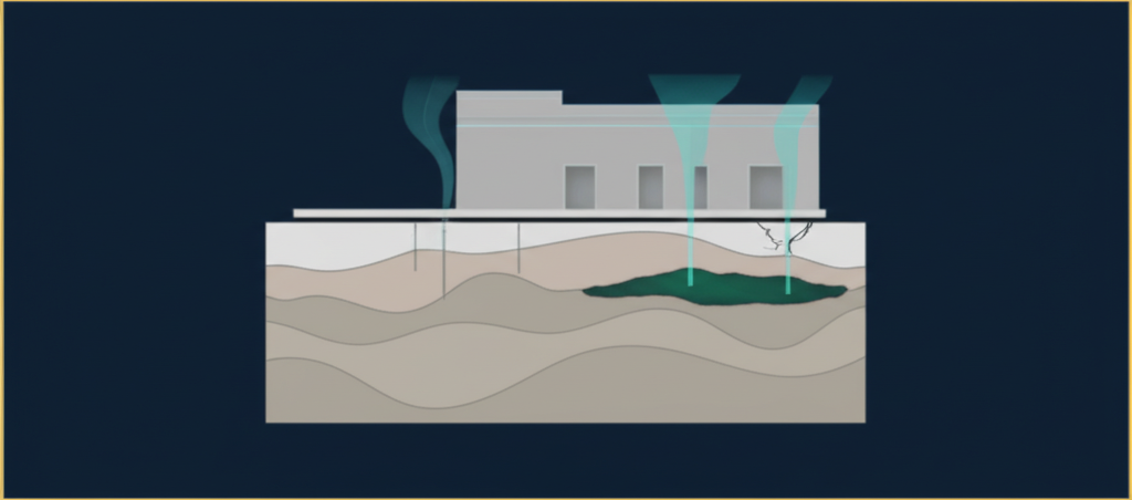 Isometric cross-section diagram showing vapor intrusion pathway from underground PCE contamination source through soil vapor migration, slab penetrations, and into commercial building indoor air