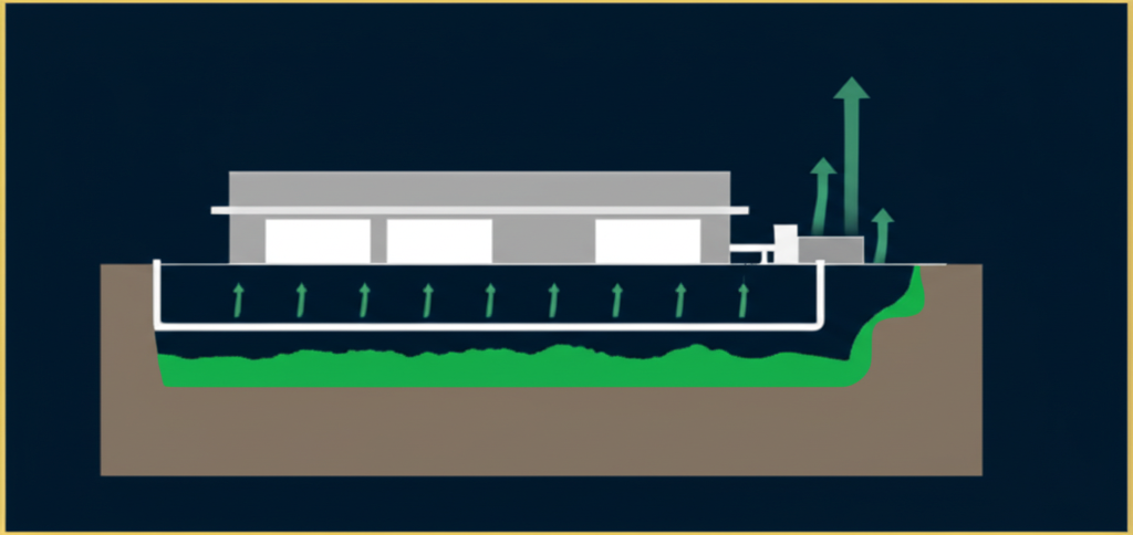Isometric diagram showing three vapor intrusion mitigation options for commercial buildings: sub-slab depressurization system, vapor barrier installation, and enhanced ventilation system