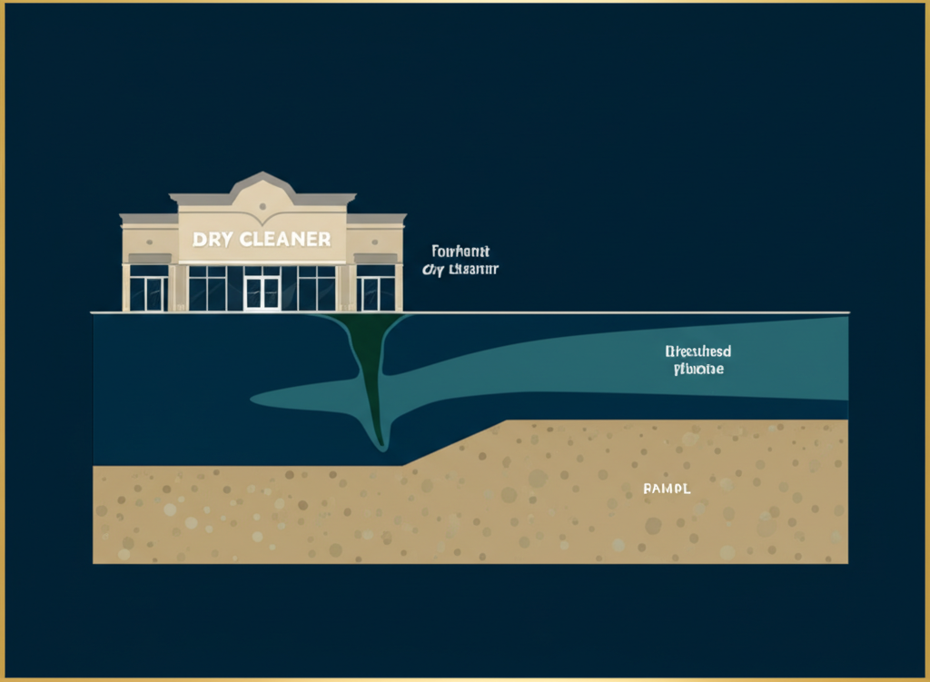 Isometric cross-section showing invisible PCE perchloroethylene contamination plume beneath a visually clean commercial strip mall, with subsurface dissolved phase groundwater contamination and vapor migration invisible from surface inspection