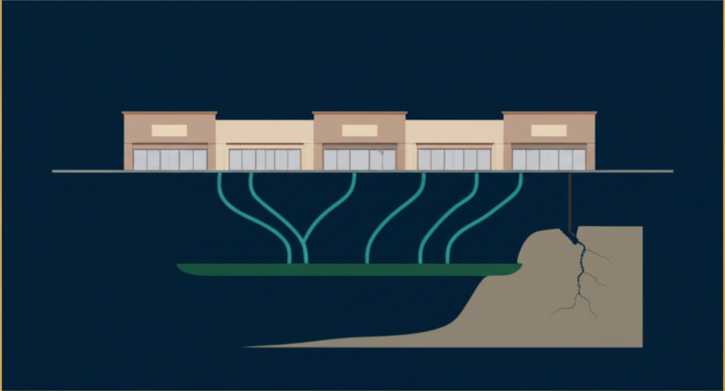 Isometric cross-section showing PCE vapor intrusion pathway from former dry cleaner through soil into adjacent commercial tenant spaces in a strip mall, demonstrating how contamination affects businesses that never used chemicals