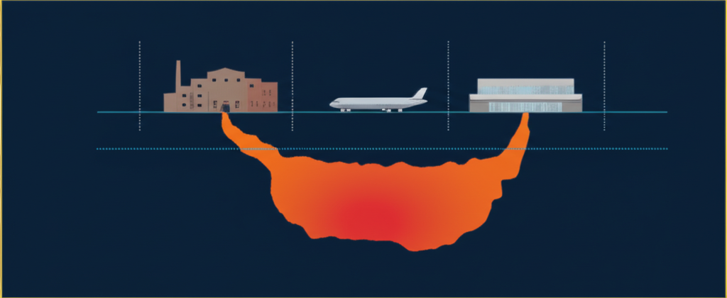 Isometric diagram showing three pillars of CERCLA Superfund liability: strict liability requiring no negligence proof, joint and several liability making any party responsible for full cleanup, and retroactive application to pre-1980 contamination