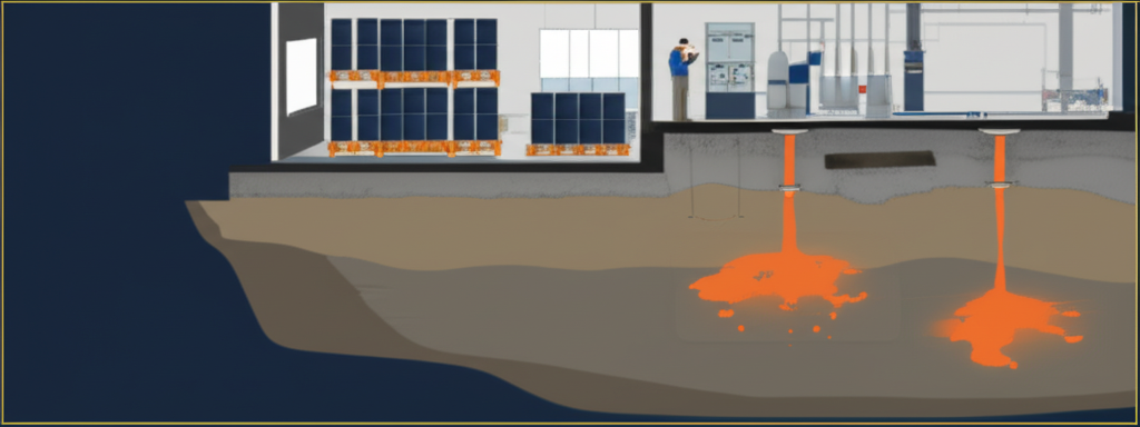 Isometric cutaway diagram of commercial building interior showing Phase I ESA site reconnaissance evaluation points including floor drains, hydraulic equipment, chemical storage, HVAC systems, and utility penetrations