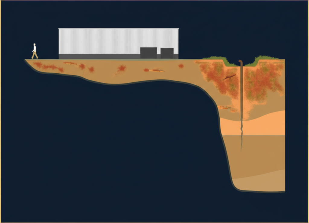 Isometric bird-eye diagram of commercial property exterior showing Phase I ESA site reconnaissance evaluation including surface staining, loading dock, storage tanks, waste storage, and drainage patterns