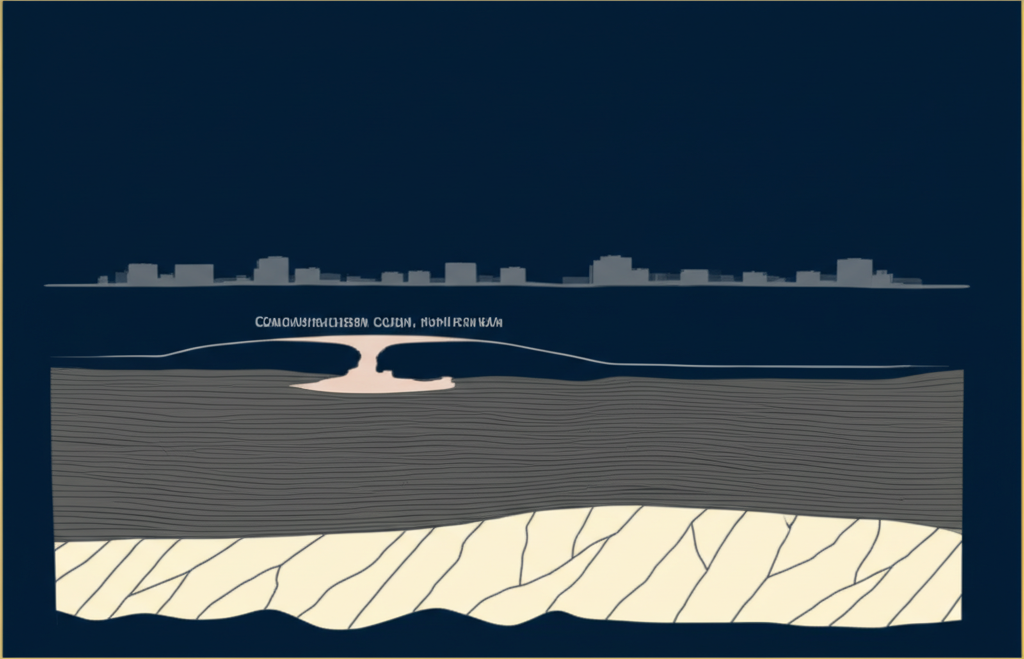 Isometric geological cross-section of Dallas-Fort Worth area showing Eagle Ford Clay low-permeability layer, fractured Austin Chalk bedrock, Trinity Aquifer, and environmental contamination migration pathways relevant to Phase I ESA