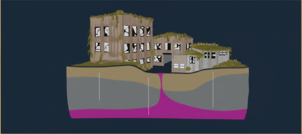 Isometric diagram showing how Phase I ESA identifies brownfield redevelopment opportunities by documenting RECs, characterizing contamination type, and enabling value calculation from contamination discount to post-remediation premium