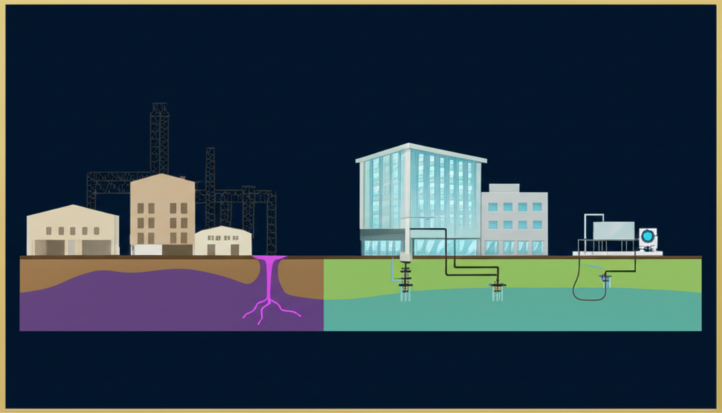 Isometric diagram showing Texas TCEQ brownfield redevelopment programs including Voluntary Cleanup Program, EPA Brownfields grants, and LPST petroleum program with process flow from site identification through regulatory closure