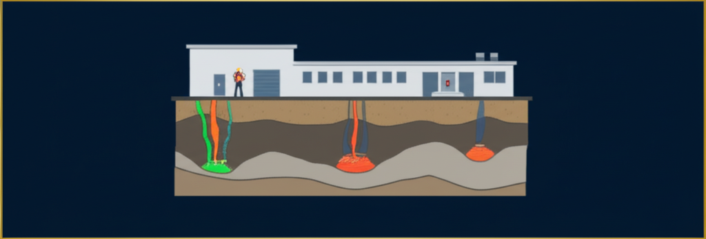 Isometric comparison diagram correcting Phase I ESA misconception: showing what people think Phase I does (soil laboratory testing) versus what it actually does (records review, site observation, and professional judgment)