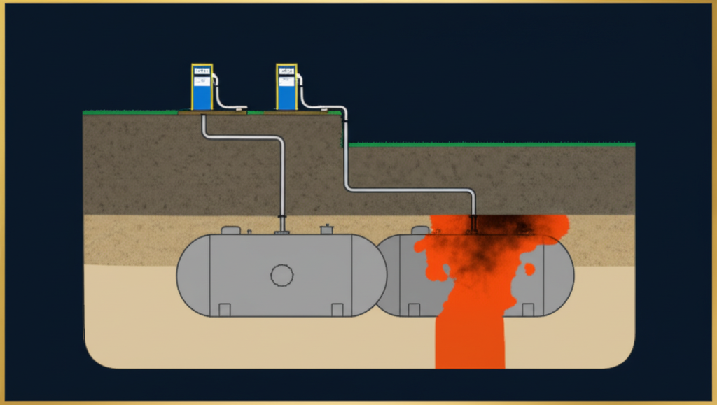 Isometric cross-section diagram showing how underground storage tanks fail through corrosion, pipe joint leaks, and overfill releases, creating petroleum contamination plumes in soil, NAPL on groundwater, and dissolved phase migration