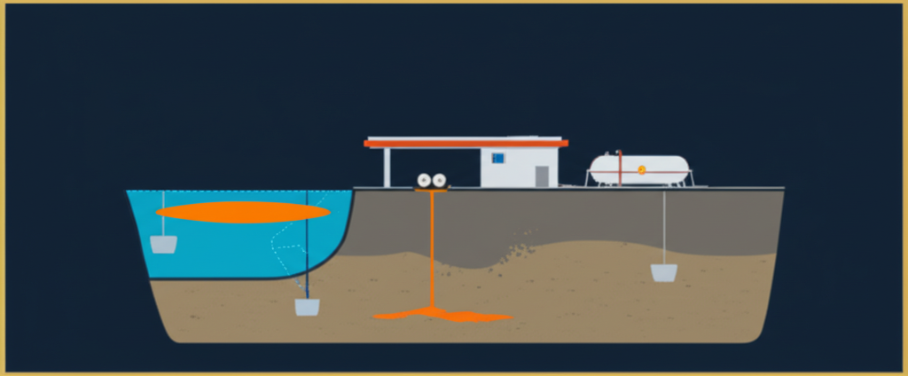 Isometric diagram of gas station showing Texas LPST leaking petroleum storage tank program release detection requirements including line leak detectors, statistical inventory reconciliation, automatic tank gauges, monitoring wells, and TCEQ reporting obligations