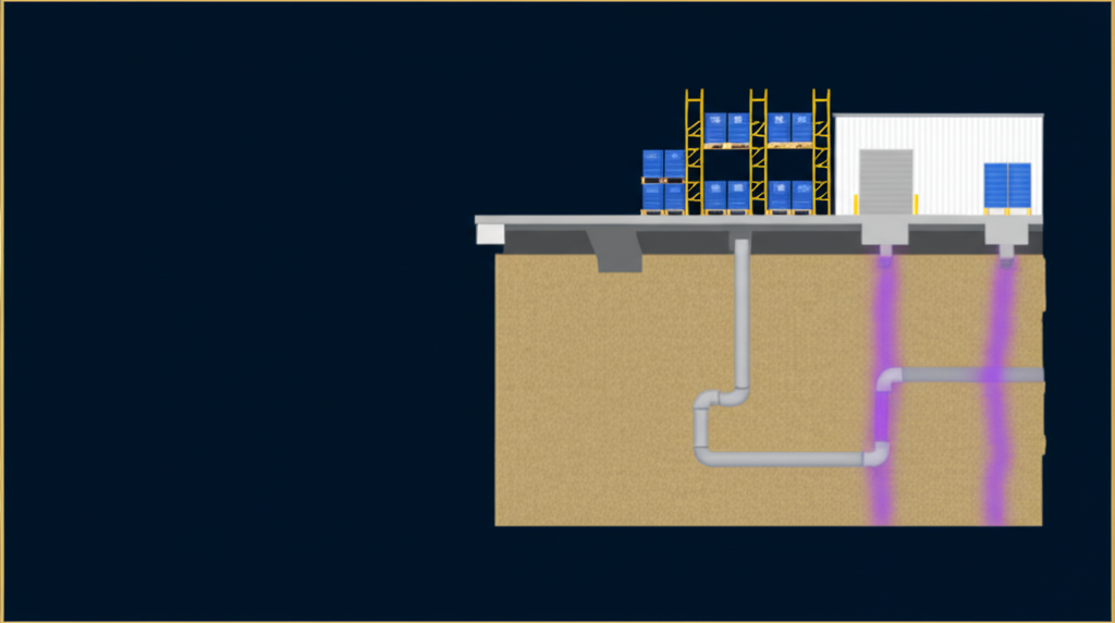 Isometric diagram showing Phase I ESA review of industrial property chemical inventory documentation including Safety Data Sheets, hazardous waste manifests, chemical storage records, and Tier II reports to identify vapor intrusion and soil contamination risks