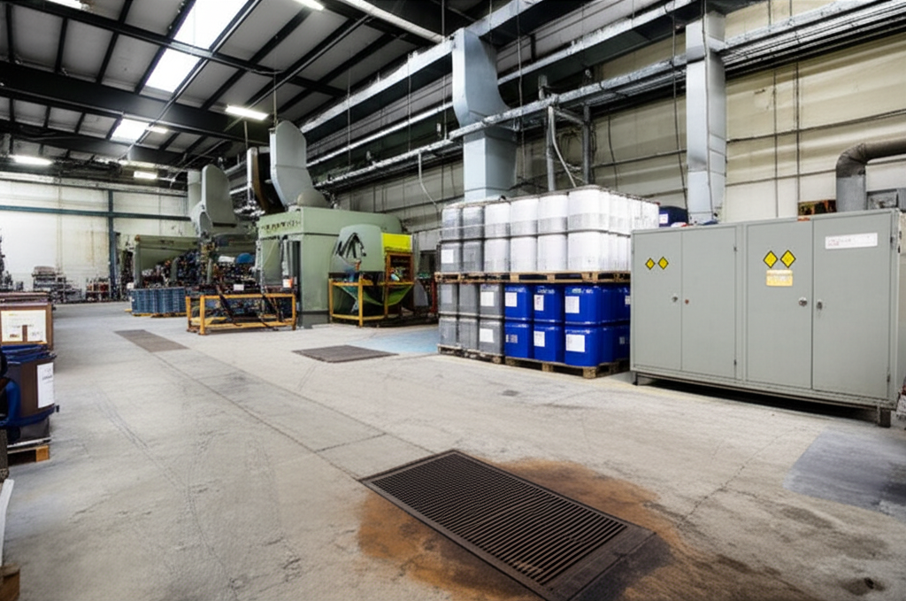 Interior of an industrial manufacturing facility showing chemical drums, hazardous materials storage cabinets, floor drains, and heavy equipment representing the environmental complexity of industrial property due diligence
