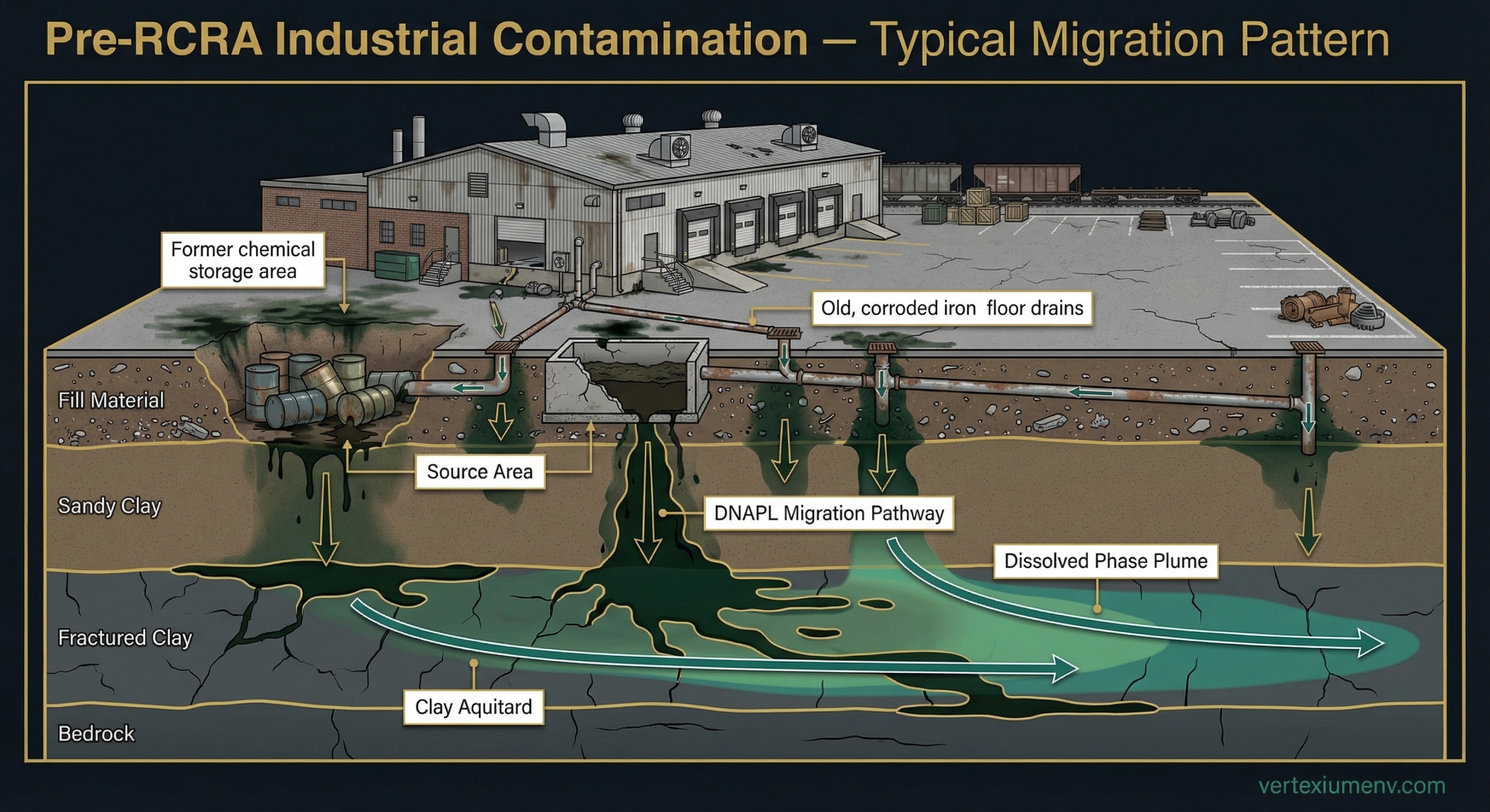 Cross-section diagram showing industrial contamination migration pattern from pre-RCRA era manufacturing facility